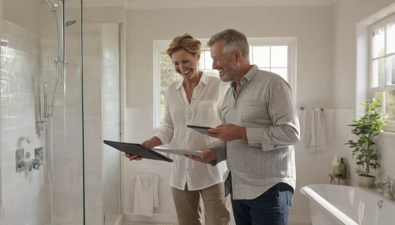 Homeowner and a local remodeling provider reviewing plans in a bright bathroom in Wilmington